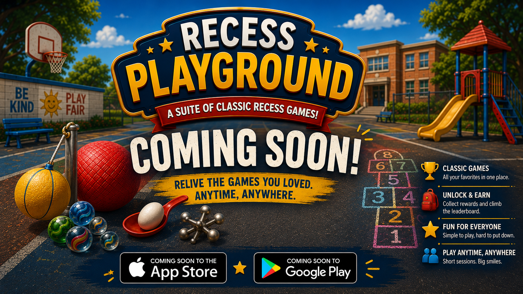 Recess Playground — coming soon to iOS and Android. Classic recess games reimagined for mobile.